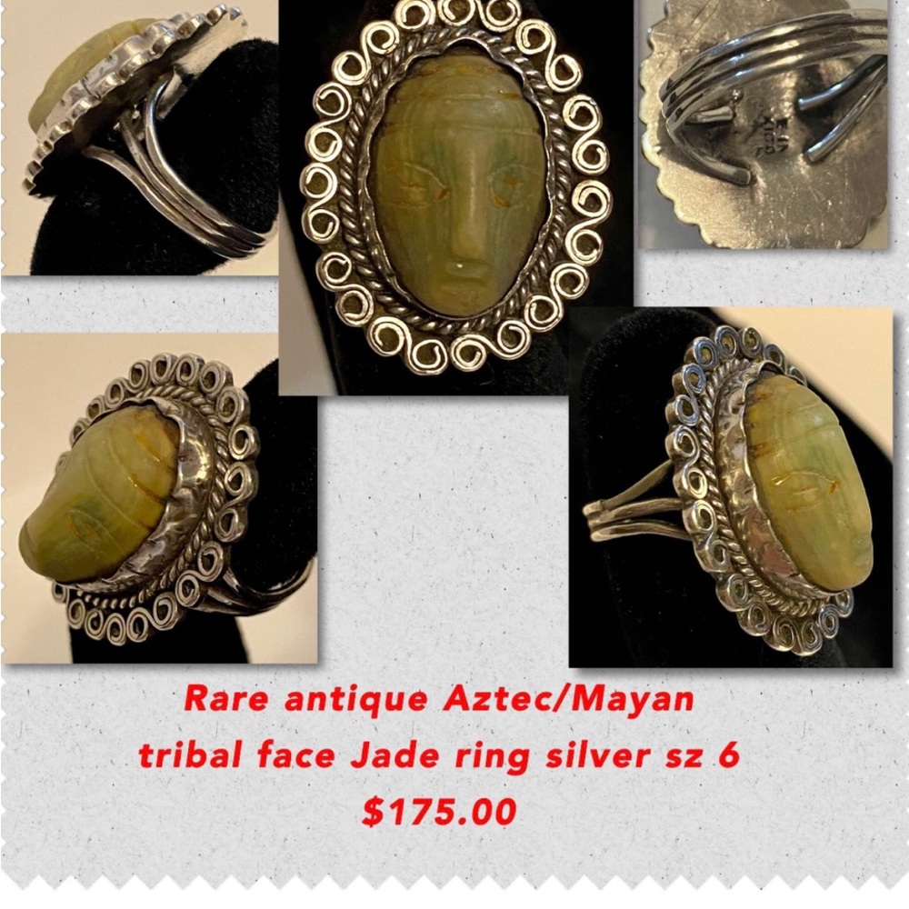 Vintage rare aztec/Mayan face ring sterling silver and jade. Size 6 - $125